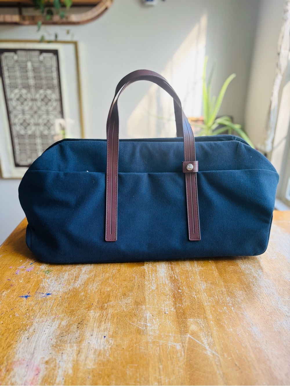 Samsonite Navy Canvas Travel Tote with Brown Leather Handles